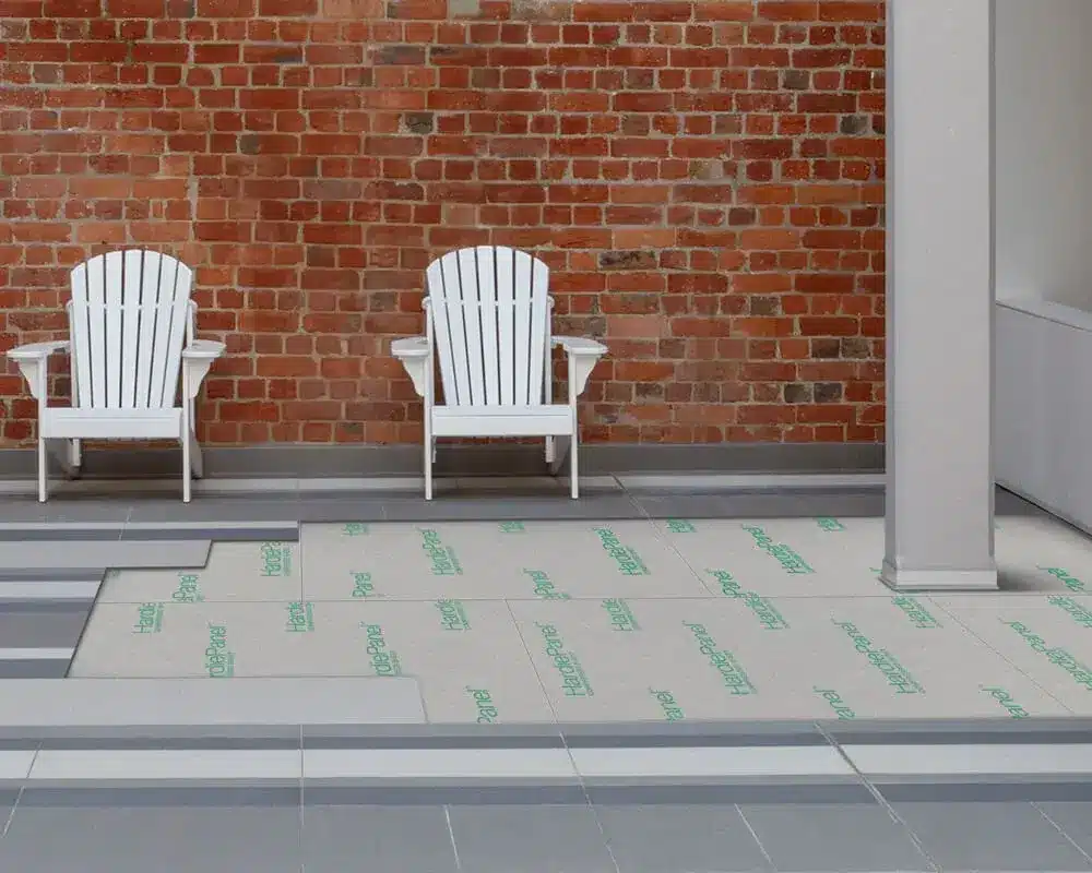Hardie Panel compressed sheet flooring substrate laid on a tiled balcony area