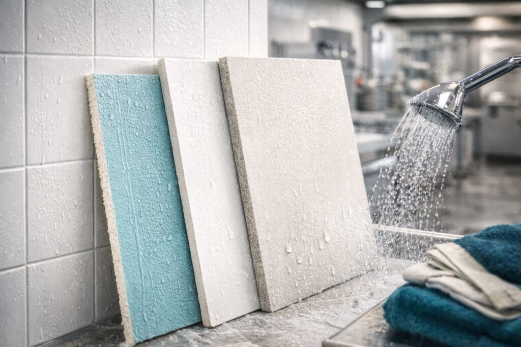 Moisture-resistant plasterboard and fibre cement lining sheets being water-tested for commercial wet areas