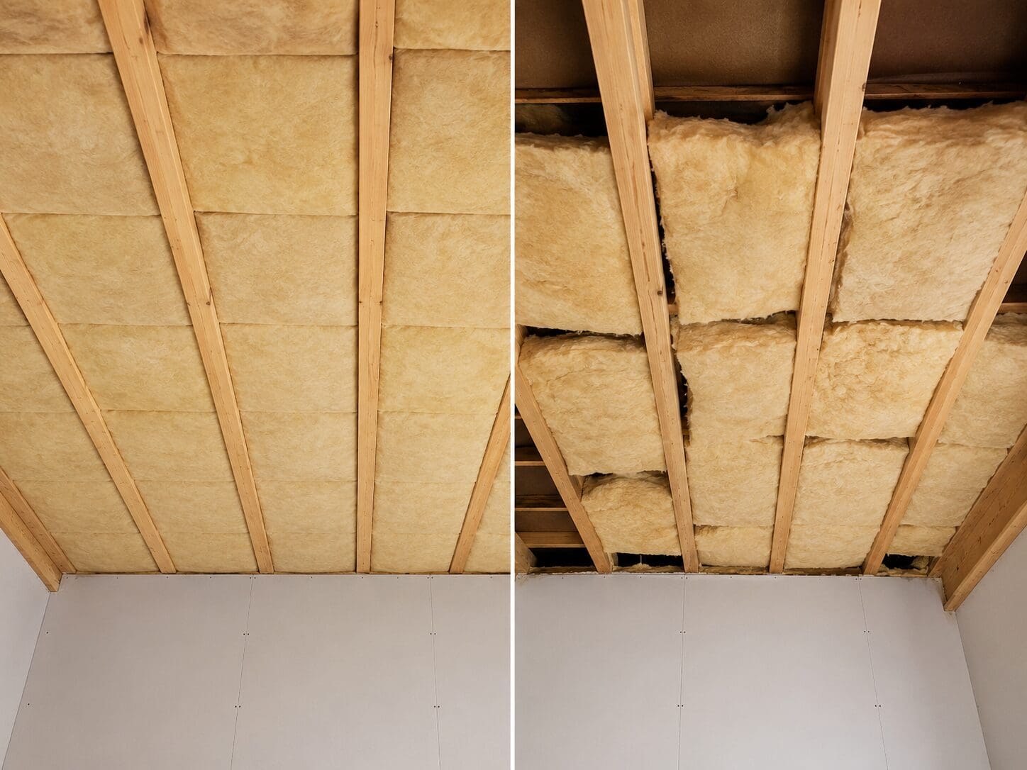 Ceiling insulation Perth comparison showing full coverage beside compressed and gapped batts.